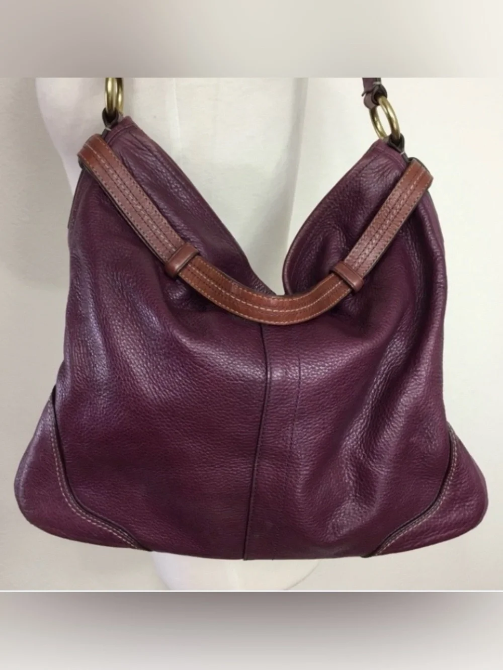 Vintage Womens Y2K Coach Plum Large Hampton Pebble Leather Hobo Bag Rare Classic